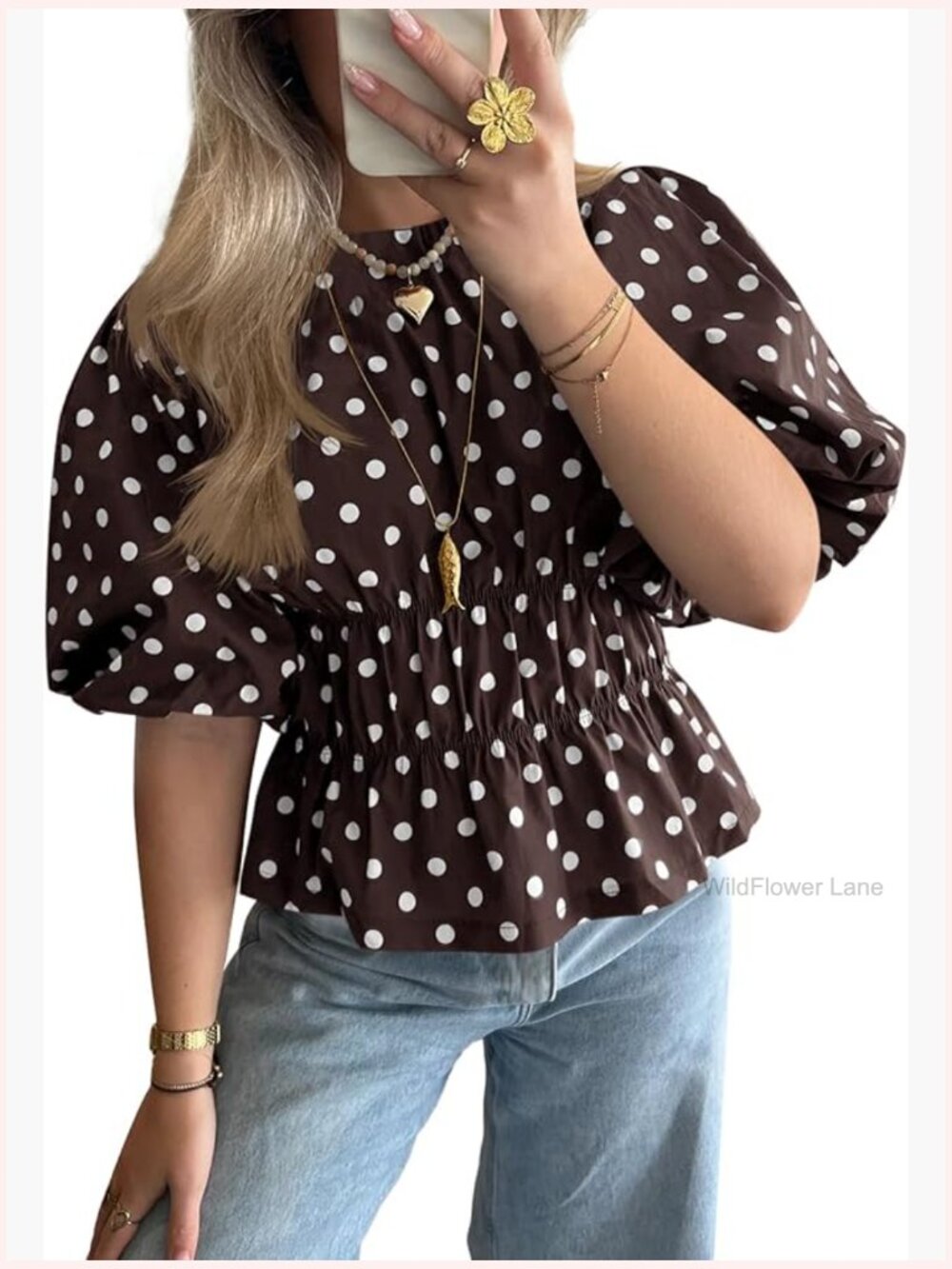 Polka Dot Peplum Top Puff Short Sleeve Blouse Casual